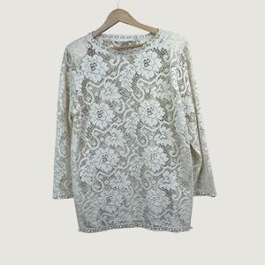 Julian Wilder Lace Sheer Top Tunic Womens L Ivory Pearl Trim Floral Romantic